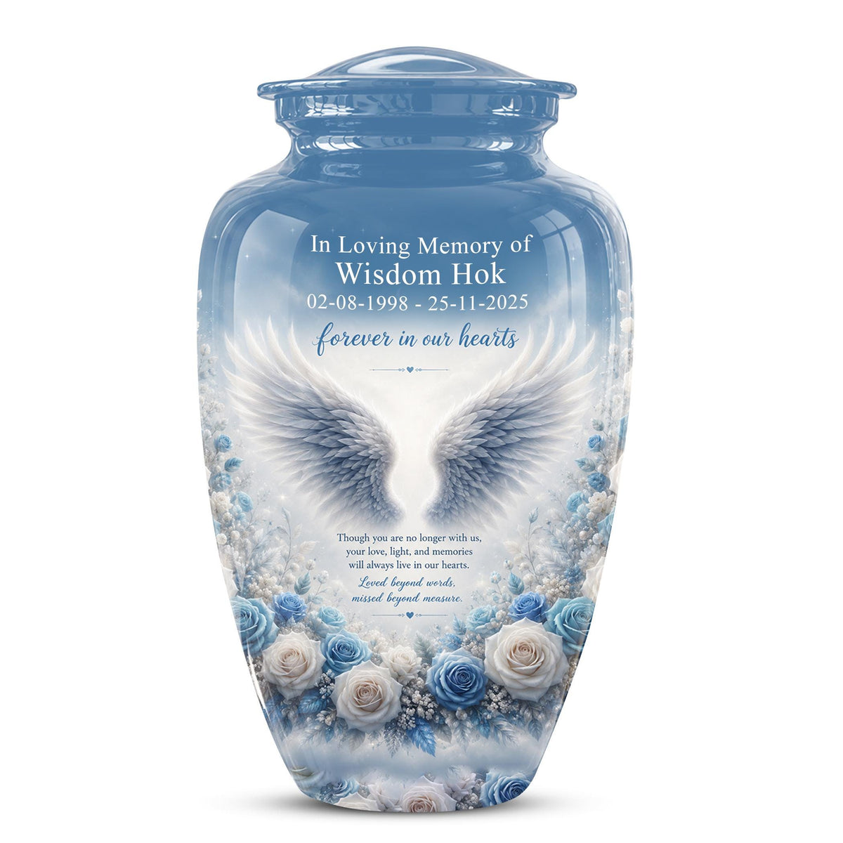 Personalized Angel Wings Cremation Urn - Blue Roses Memorial Keepsake Urn
