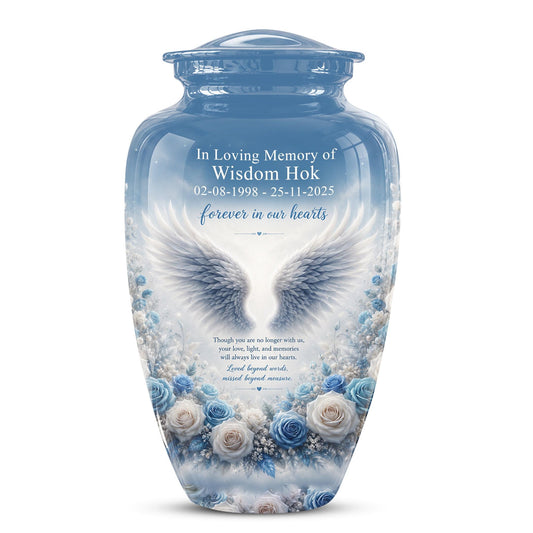 Personalized Angel Wings Cremation Urn - Blue Roses Memorial Keepsake Urn