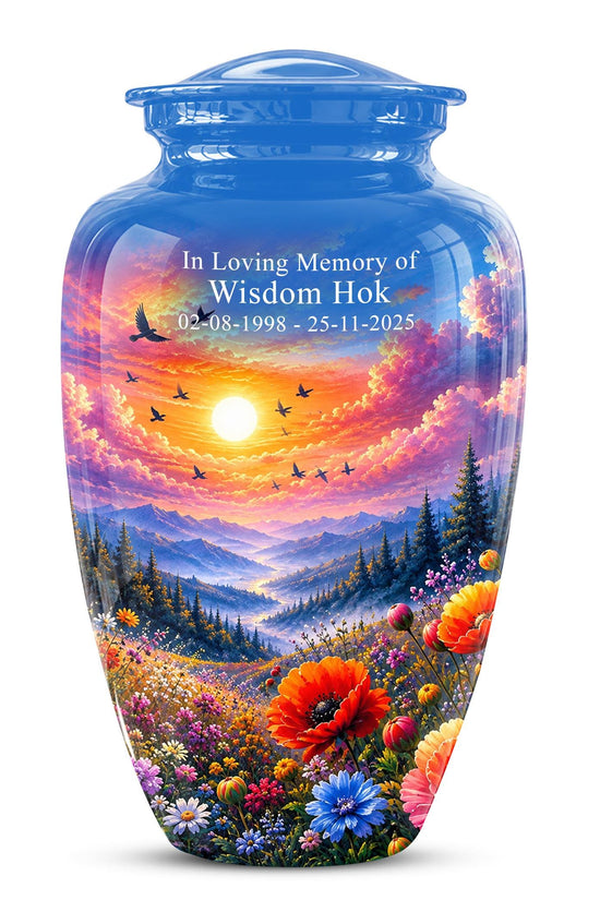 Personalized Wildflower Mountain Sunset Cremation Urn, Nature Memorial Keepsake (200 Cubic)