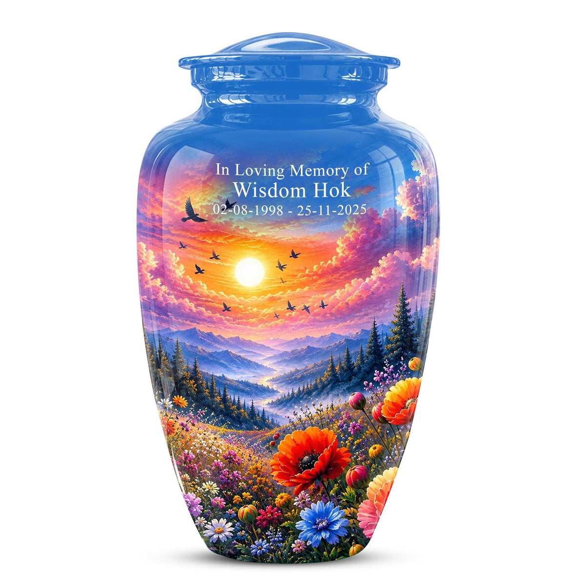 Personalized Wildflower Mountain Sunset Cremation Urn, Nature Memorial Keepsake (200 Cubic)