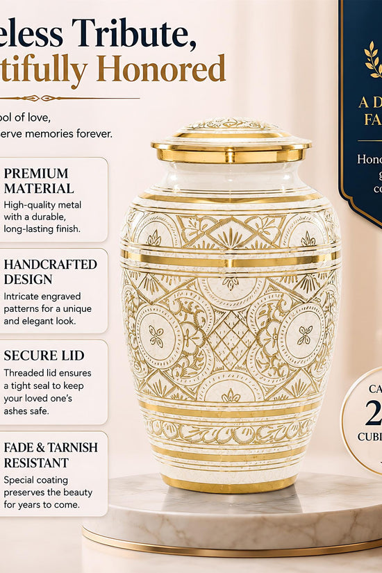 Ivory and Gold Brass Cremation Urn for Ashes - White Ornamental Memorial Urn