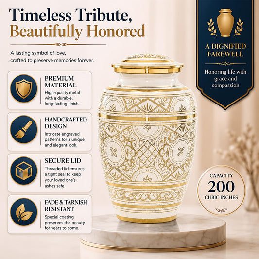 Ivory and Gold Brass Cremation Urn for Ashes - White Ornamental Memorial Urn