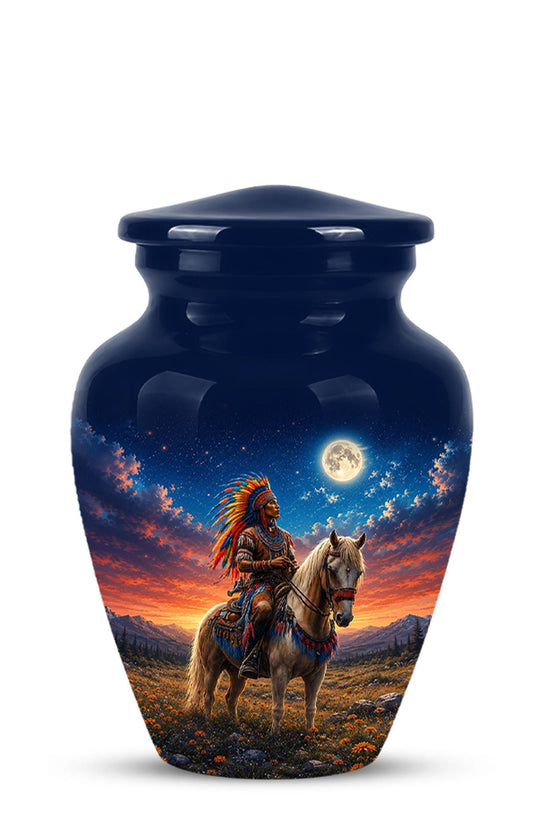 Native American Cremation Urn for Ashes - Western Cowboy Memorial Urn, Horse & Rider Funeral Urn