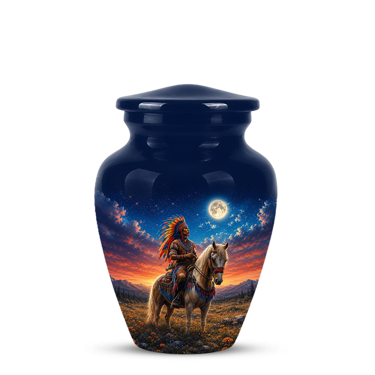 Native American Cremation Urn for Ashes - Western Cowboy Memorial Urn, Horse & Rider Funeral Urn
