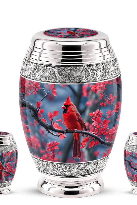 Personalized Red Cardinal Cremation Urn, Silver-Tone Memorial Ashes Container (Custom Engraving)