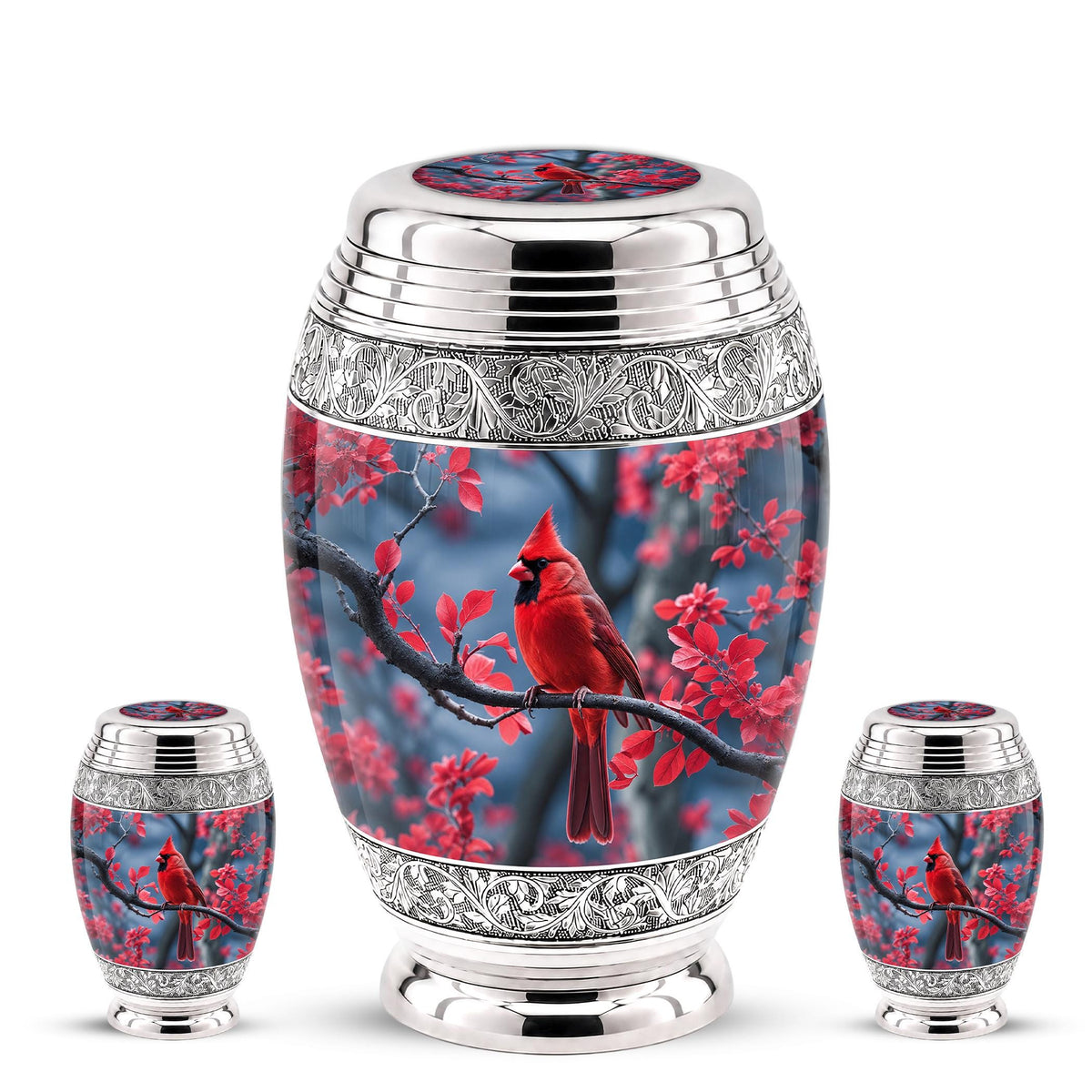 Personalized Red Cardinal Cremation Urn, Silver-Tone Memorial Ashes Container (Custom Engraving)