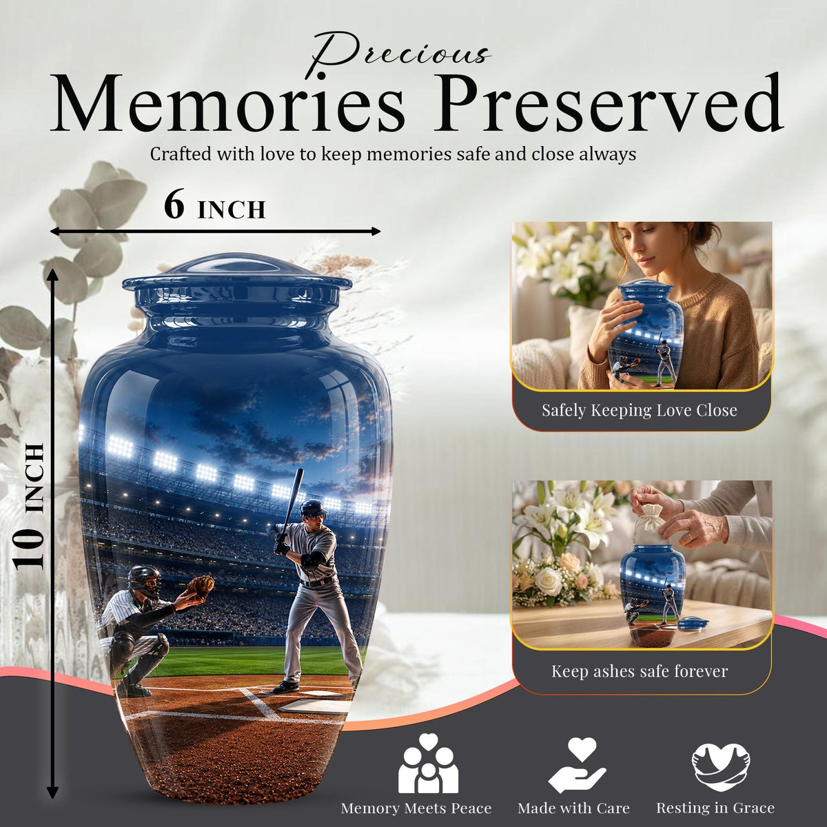 Baseball Cremation Urn for Ashes - Baseball Player and Catcher Memorial Urn