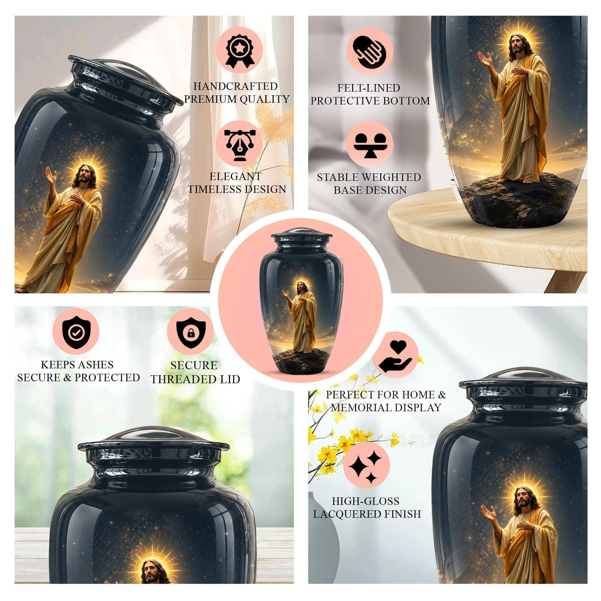 Christian Jesus Cremation Urn, Adult Memorial Keepsake, Glossy Black Finish