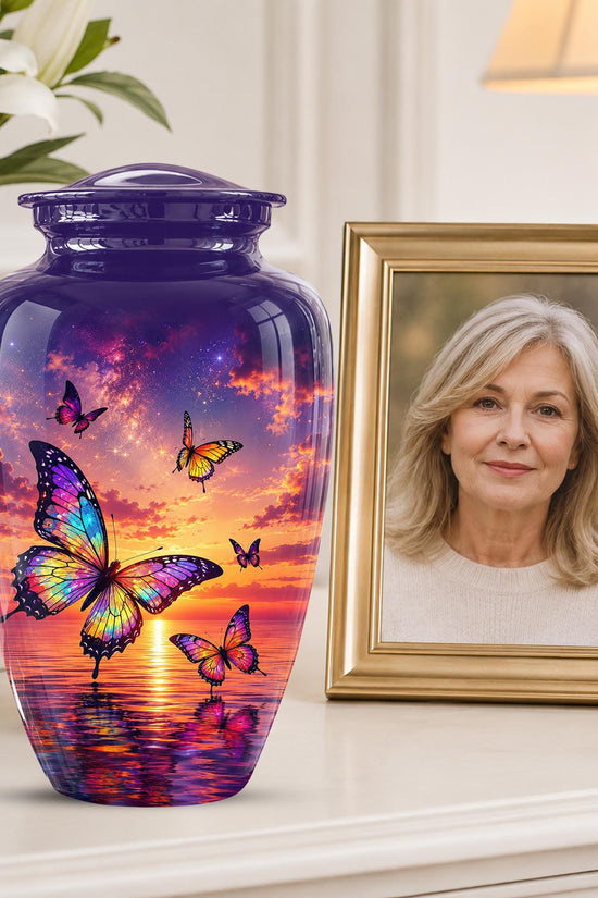 Personalized Butterfly Cremation Urn - Sunset Memorial Keepsake, Metal Ashes Urn