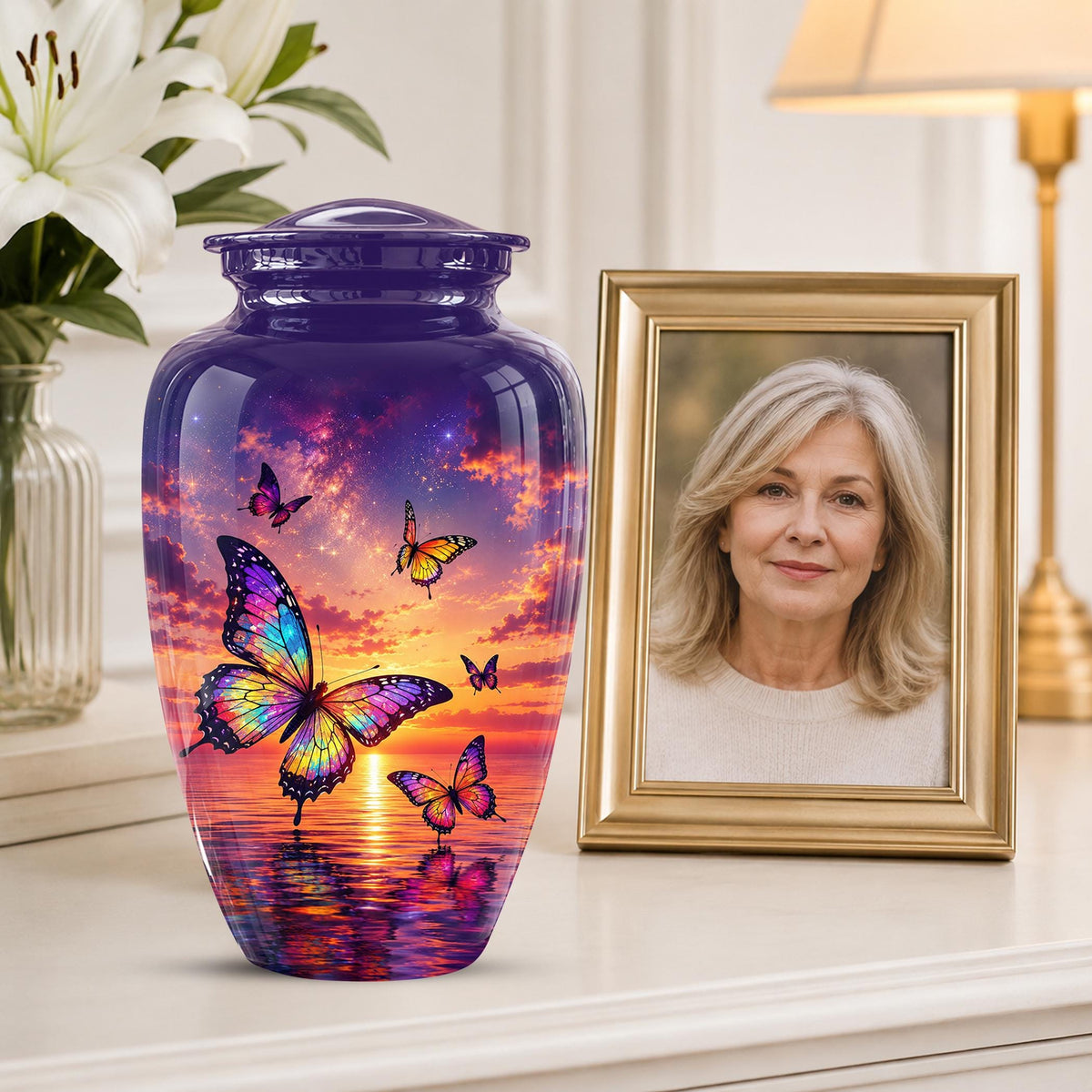 Personalized Butterfly Cremation Urn - Sunset Memorial Keepsake, Metal Ashes Urn