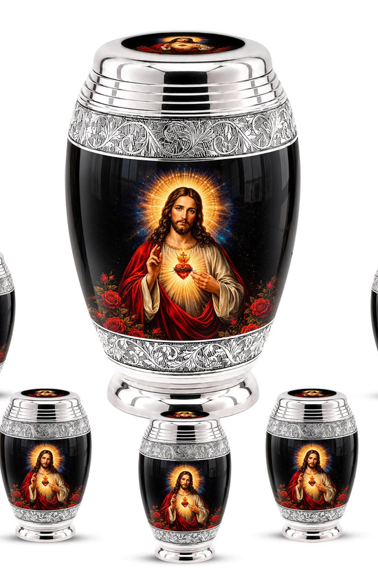 Personalized Sacred Heart of Jesus Cremation Urn - Catholic Memorial Keepsake (Black Finish)
