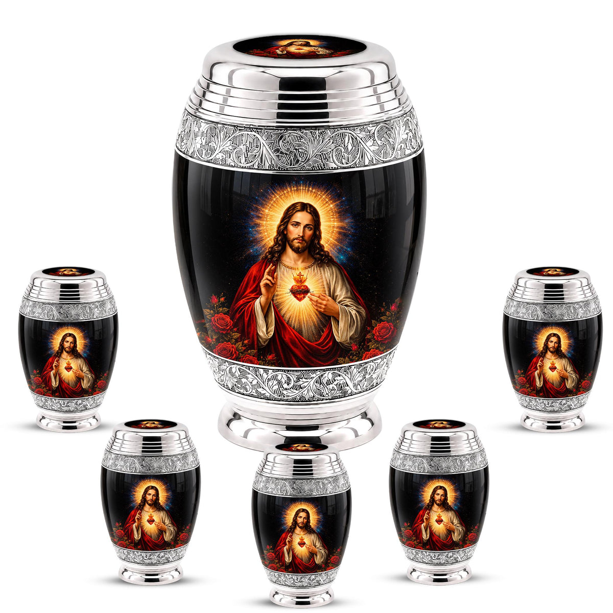 Personalized Sacred Heart of Jesus Cremation Urn - Catholic Memorial Keepsake (Black Finish)