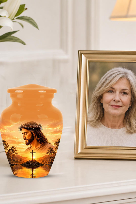 Personalized Jesus Cremation Urn for Ashes, Jesus Christ Sunset Memorial Urn, Christian Cross Tribute Urn, Religious Keepsake Urn Set (200 Cubic)