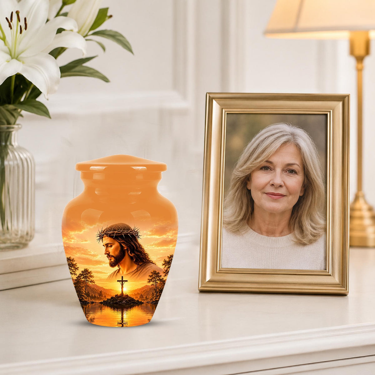 Personalized Jesus Cremation Urn for Ashes, Jesus Christ Sunset Memorial Urn, Christian Cross Tribute Urn, Religious Keepsake Urn Set (200 Cubic)