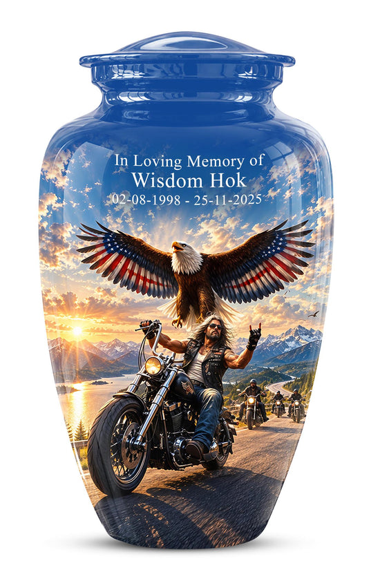 Motorcycle Eagle Cremation Urn for Ashes - Biker Memorial Urn, Blue Sky Sunset Motorcycle Tribute