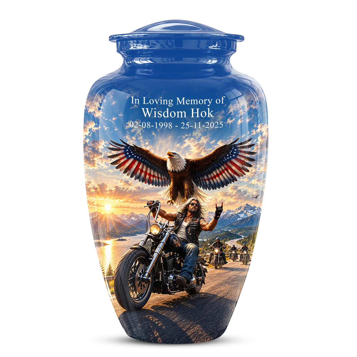 Motorcycle Eagle Cremation Urn for Ashes - Biker Memorial Urn, Blue Sky Sunset Motorcycle Tribute