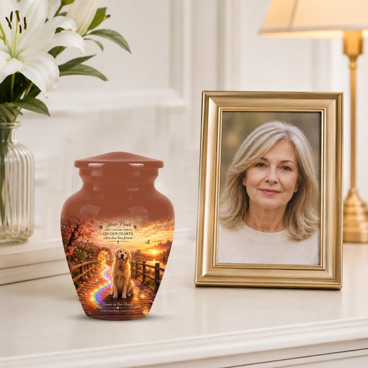 Personalized Dog Cremation Urn, Pet Memorial Urn - Keepsake Sunset Landscape Artwork