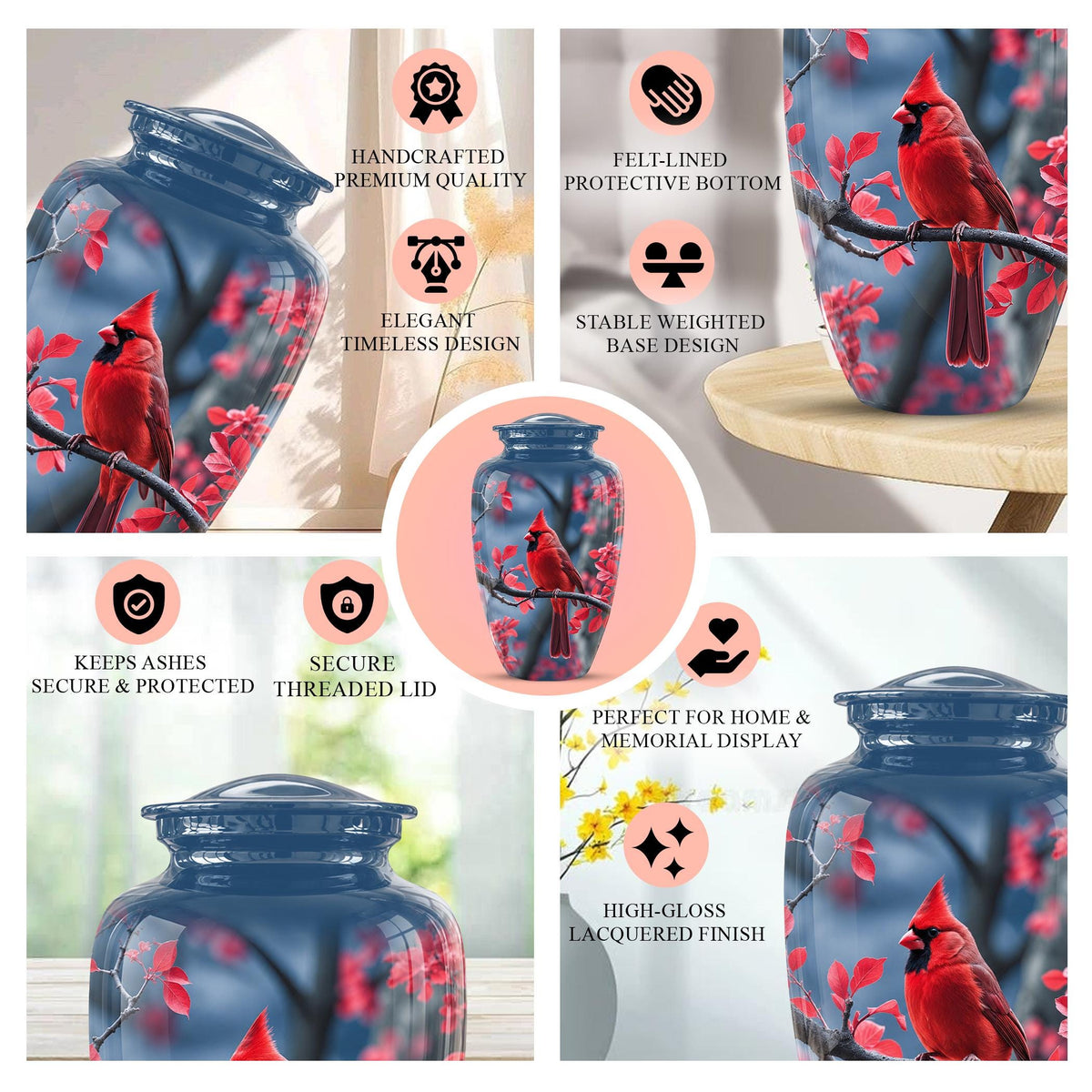 Red Cardinal Cremation Urn, Adult Memorial Keepsake, Vibrant Bird Artwork