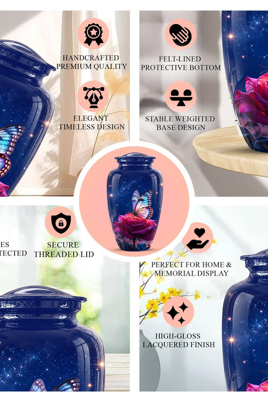 Butterfly and Rose Cremation Urn for Ashes - Pink Floral Memorial Urn