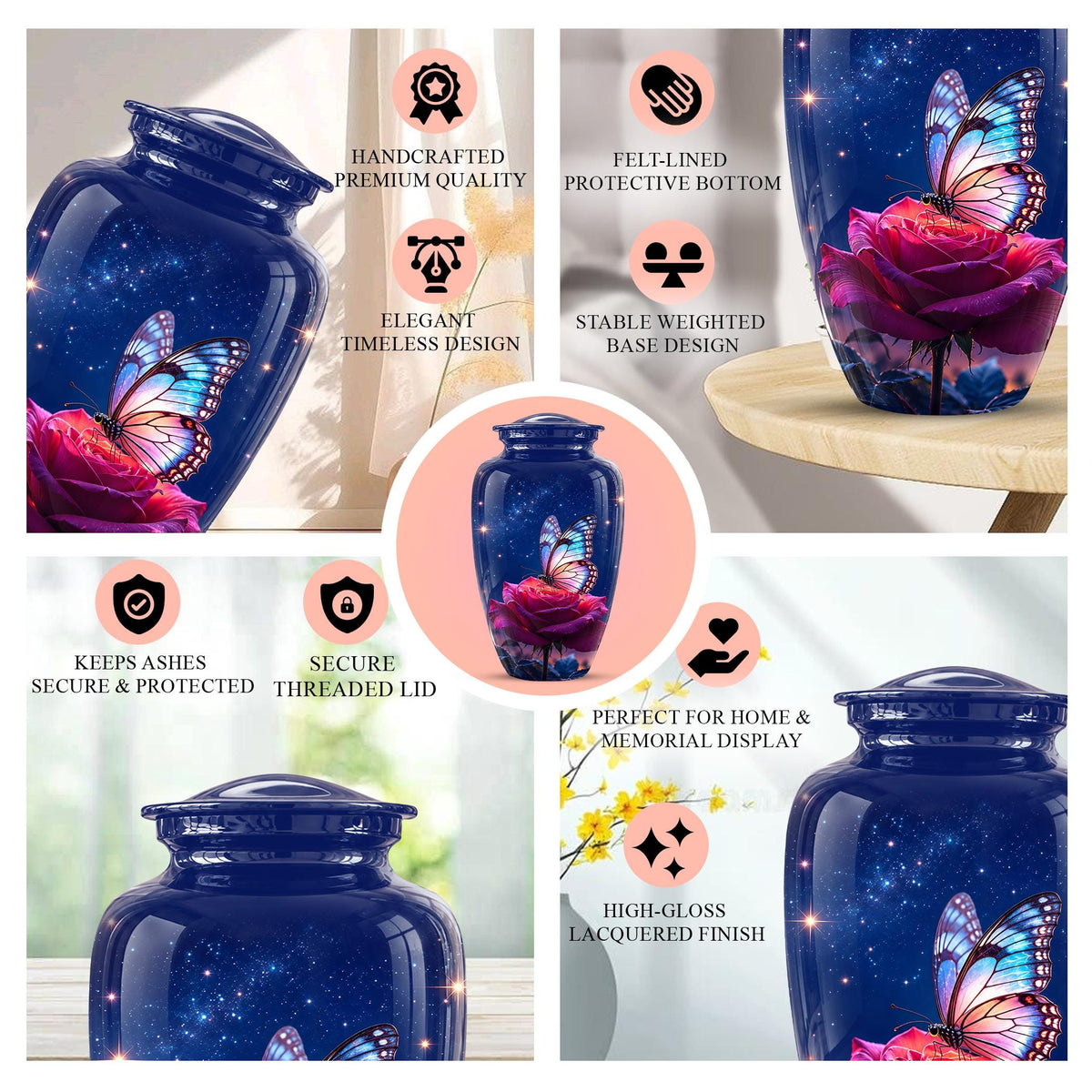 Butterfly and Rose Cremation Urn for Ashes - Pink Floral Memorial Urn