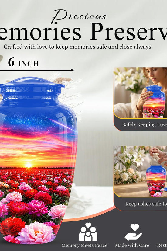 Personalized Floral Sunset Cremation Urn, Metal Memorial Keepsake