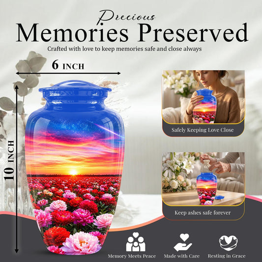Personalized Floral Sunset Cremation Urn, Metal Memorial Keepsake