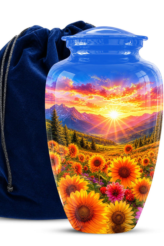Personalized Sunflower Mountain Sunset Cremation Urn, Scenic Memorial Keepsake