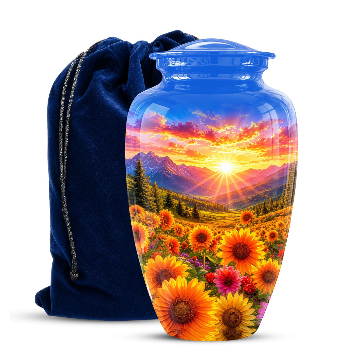 Personalized Sunflower Mountain Sunset Cremation Urn, Scenic Memorial Keepsake