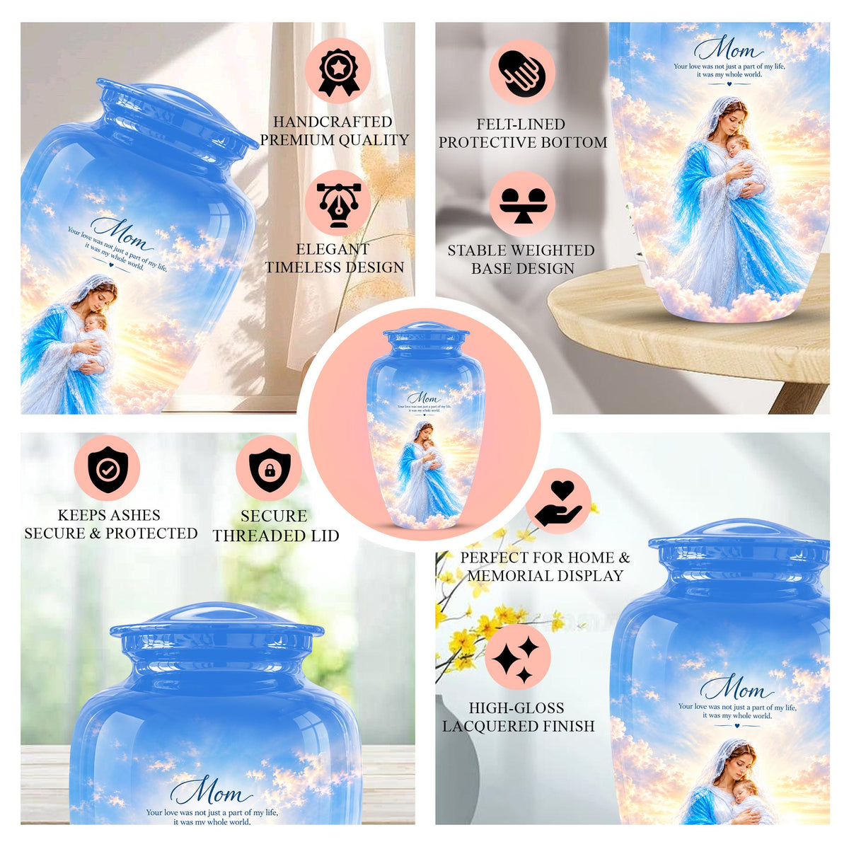 Personalized Mother Mary Cremation Urn, Catholic Memorial Ashes (200 Cubic)