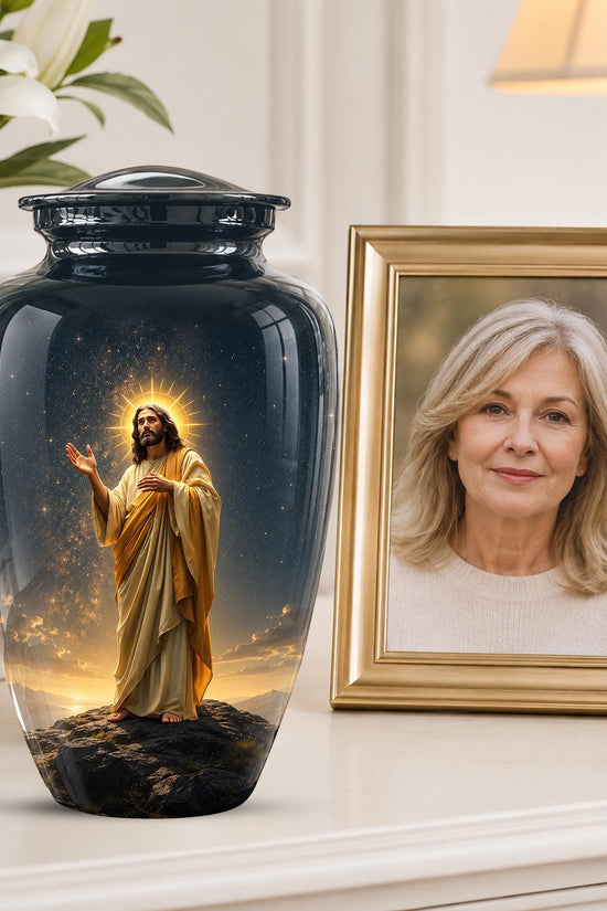 Christian Jesus Cremation Urn, Adult Memorial Keepsake, Glossy Black Finish