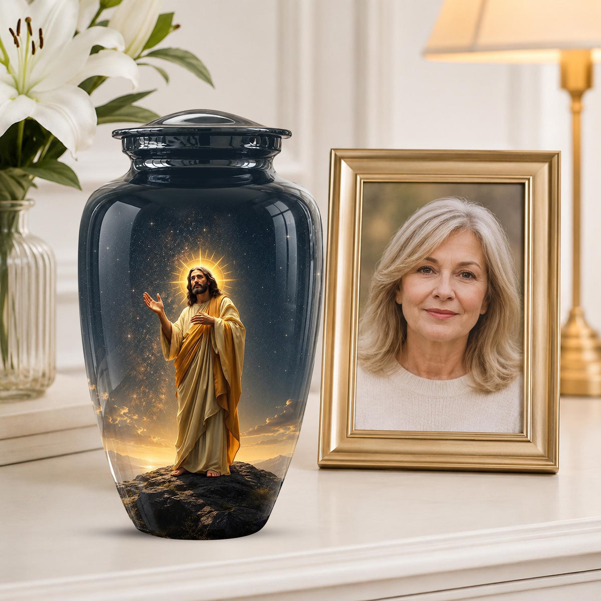 Christian Jesus Cremation Urn, Adult Memorial Keepsake, Glossy Black Finish