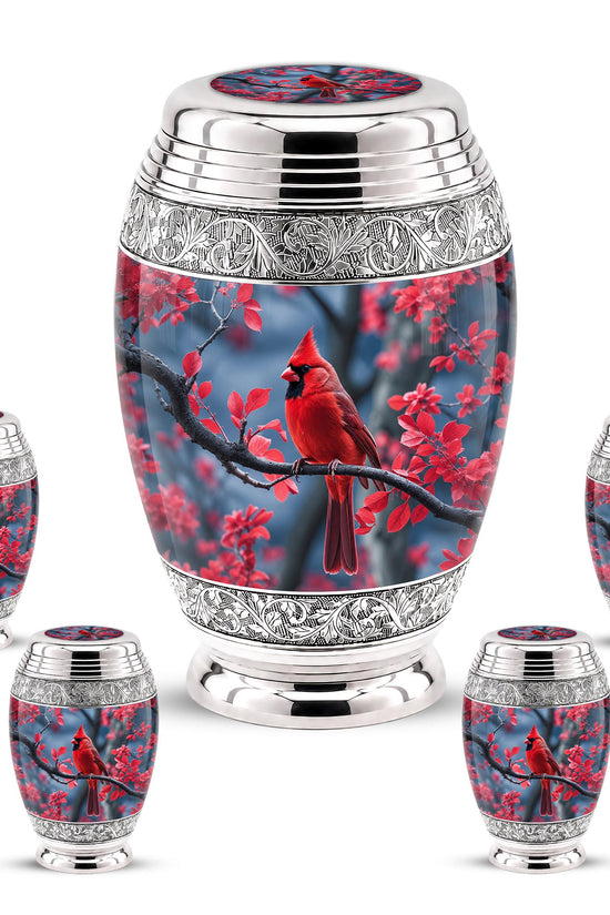 Personalized Red Cardinal Cremation Urn, Silver-Tone Memorial Ashes Container (Custom Engraving)