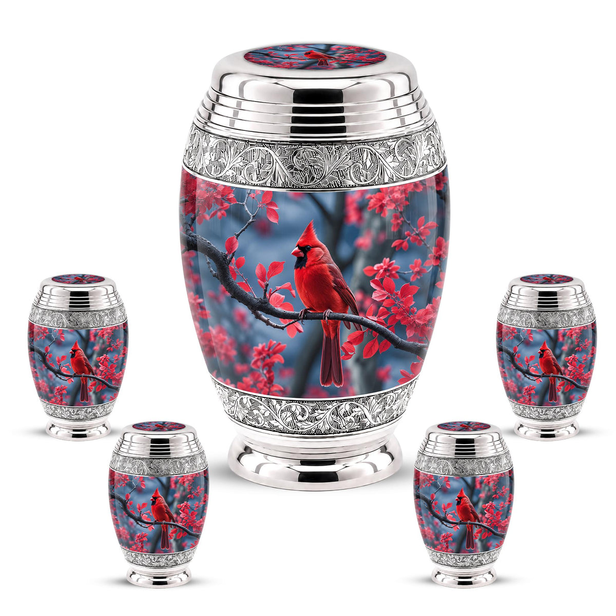 Personalized Red Cardinal Cremation Urn, Silver-Tone Memorial Ashes Container (Custom Engraving)