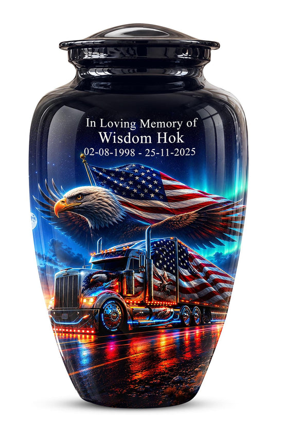 American Flag Truck Cremation Urn for Ashes - Bald Eagle and Semi Truck Memorial Urn