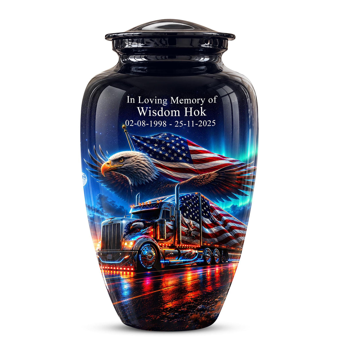 American Flag Truck Cremation Urn for Ashes - Bald Eagle and Semi Truck Memorial Urn