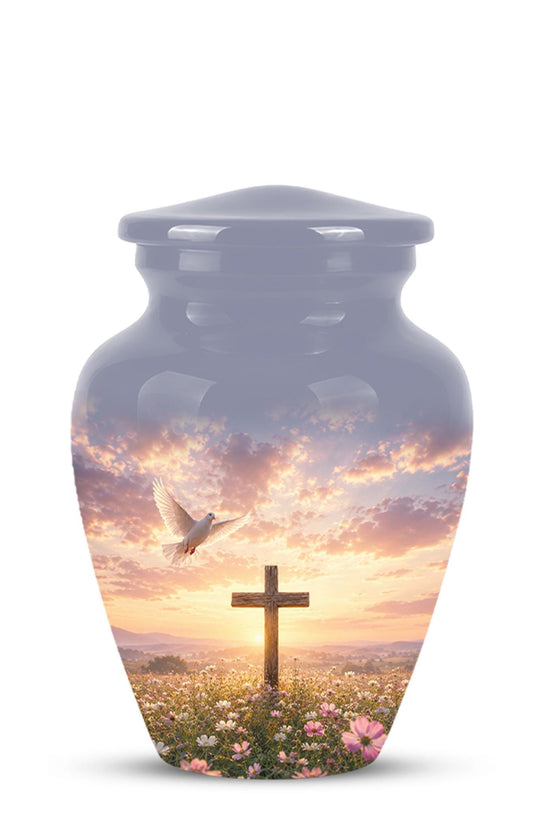 Personalized Christian Cross Urn | Dove, Sunrise, Wildflowers Memorial Keepsake