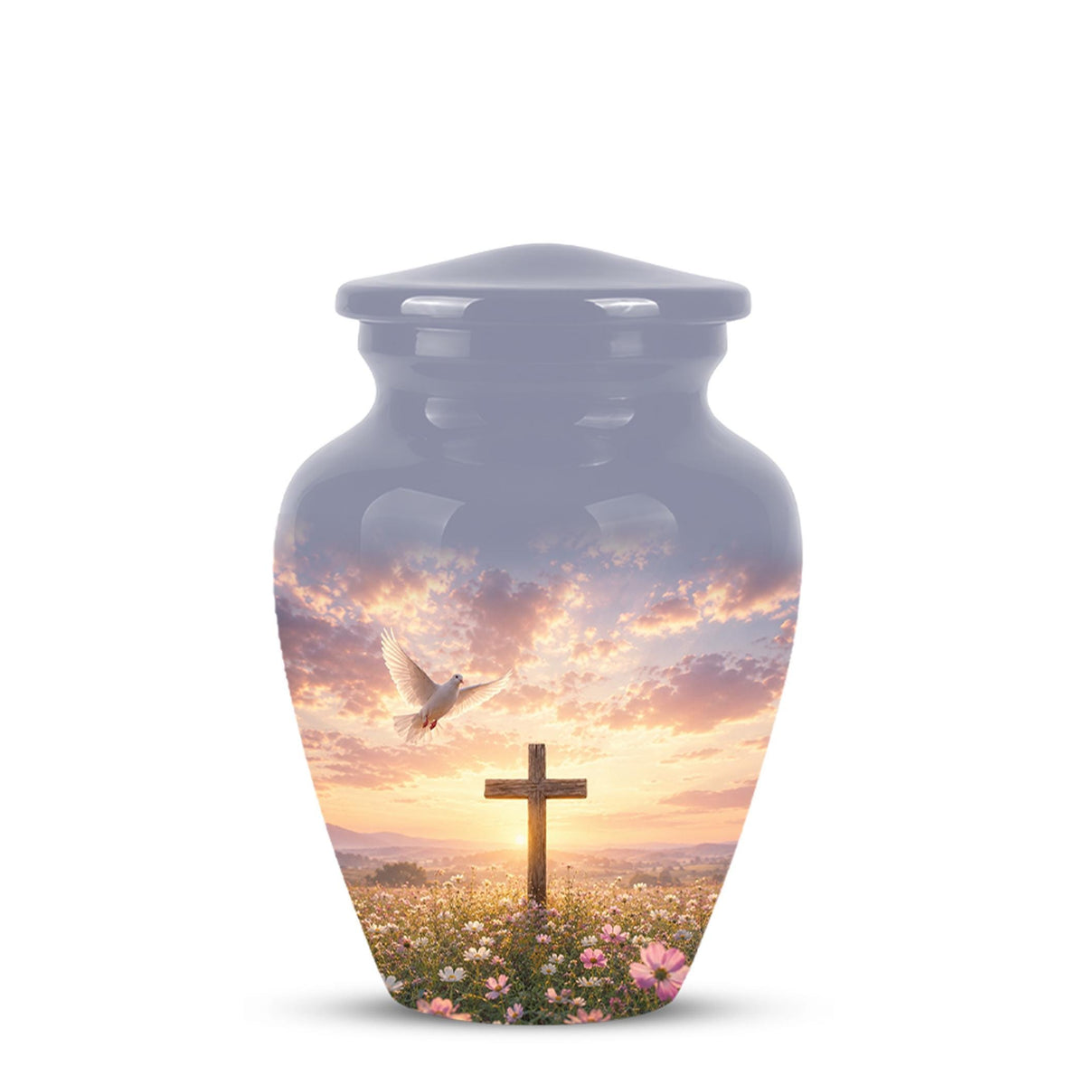 Personalized Christian Cross Urn | Dove, Sunrise, Wildflowers Memorial Keepsake