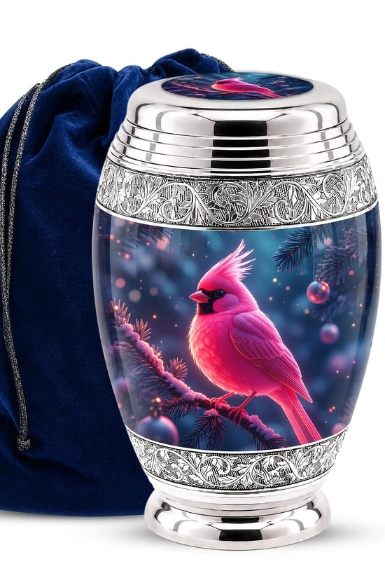 Personalized Pink Cardinal Cremation Urn, Silver-Tone Memorial Ashes Urn (Winter Scene)