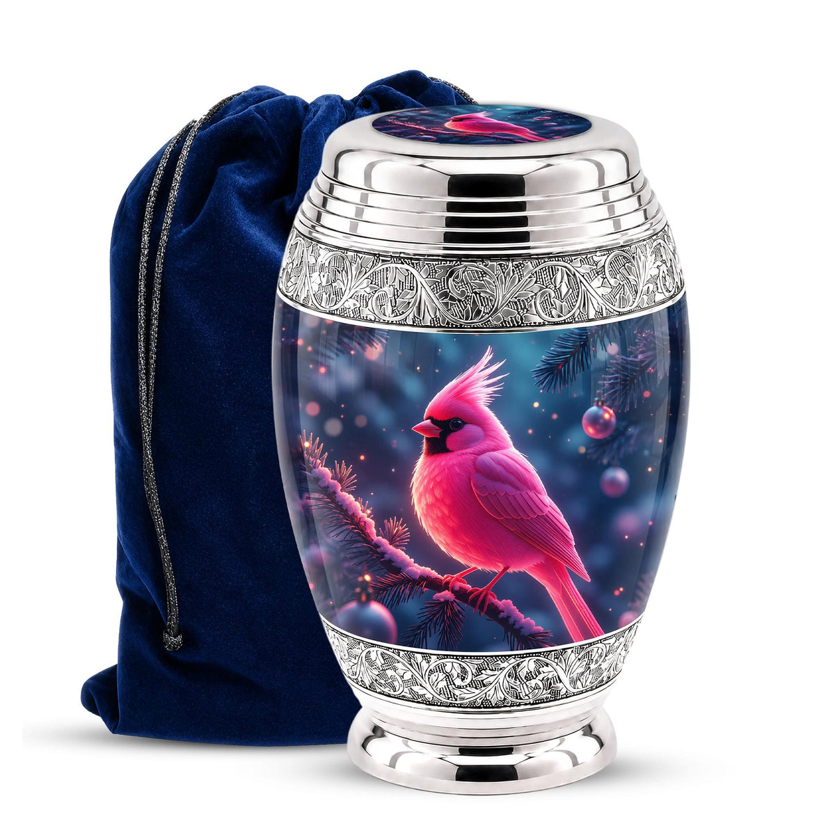 Personalized Pink Cardinal Cremation Urn, Silver-Tone Memorial Ashes Urn (Winter Scene)