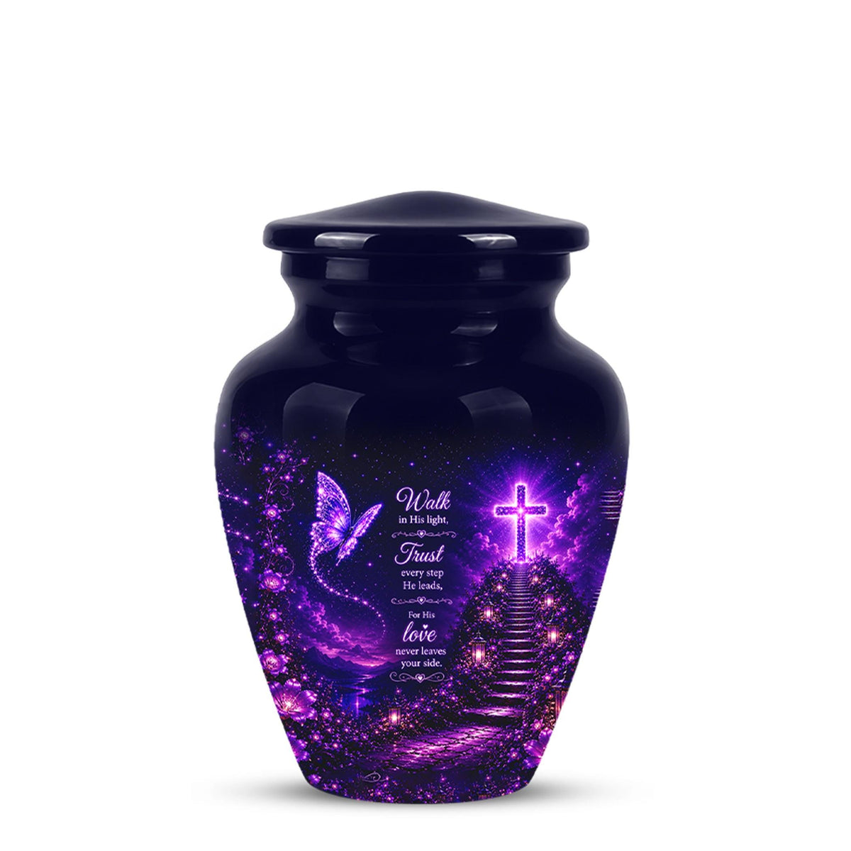 Purple Butterfly Cremation Urn for Ashes - Christian Memorial Urn with Glowing Cross
