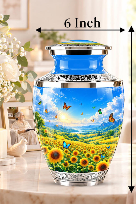 Sunflower Cremation Urn for Ashes - Silver Butterfly Memorial Urn
