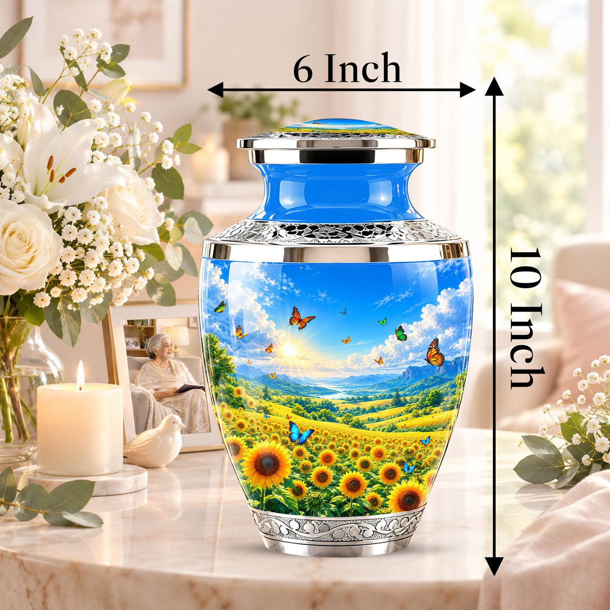 Sunflower Cremation Urn for Ashes - Silver Butterfly Memorial Urn