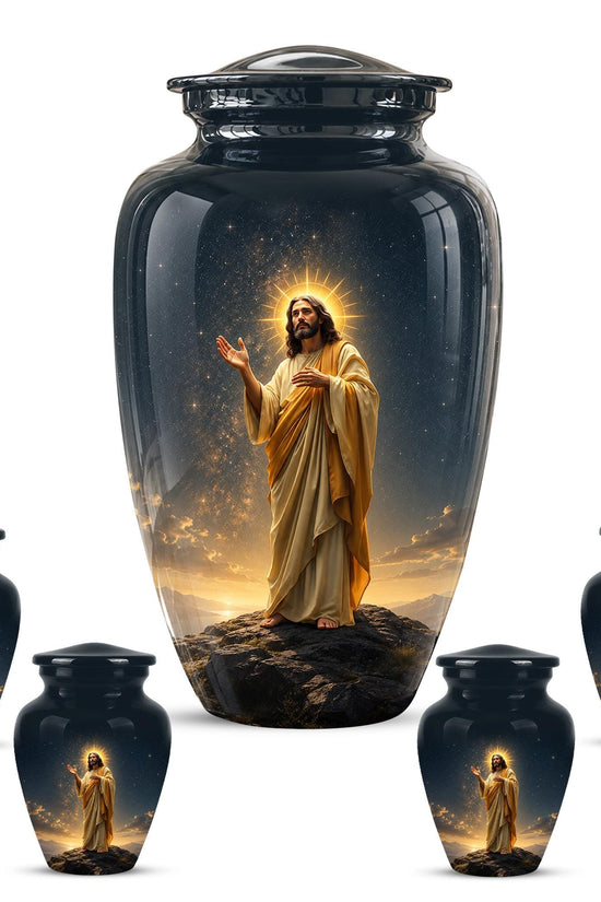 Christian Jesus Cremation Urn, Adult Memorial Keepsake, Glossy Black Finish