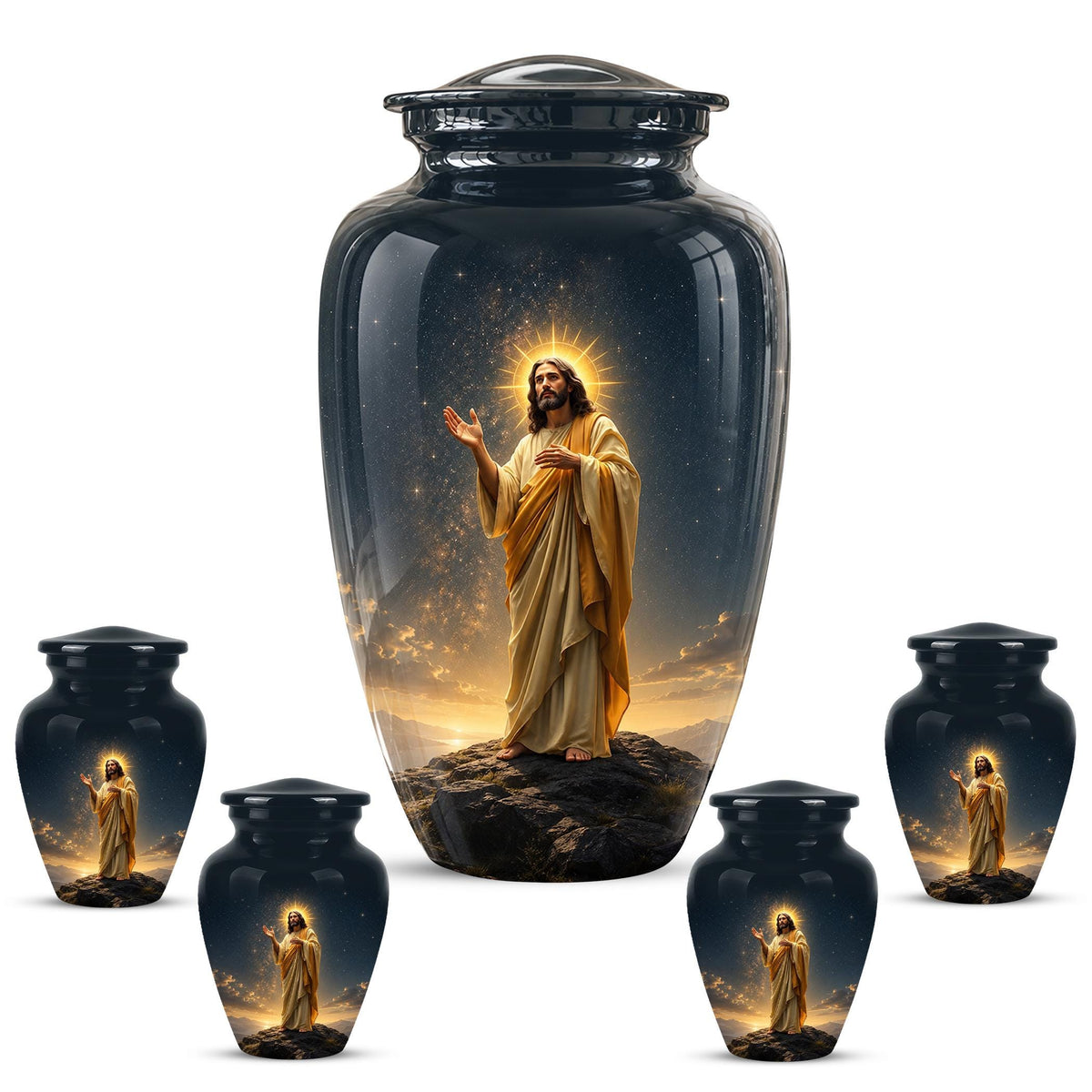 Christian Jesus Cremation Urn, Adult Memorial Keepsake, Glossy Black Finish