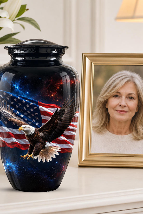 American Flag Eagle Cremation Urn for Ashes - Patriotic Bald Eagle Memorial Urn