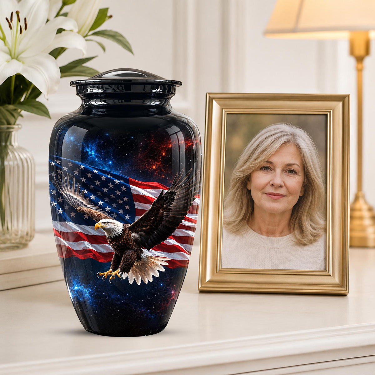 American Flag Eagle Cremation Urn for Ashes - Patriotic Bald Eagle Memorial Urn