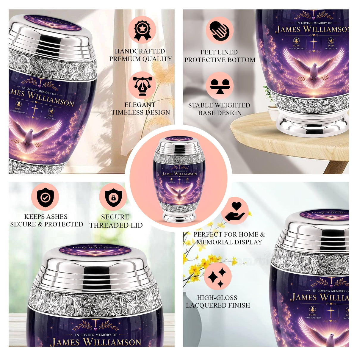 Personalized Dove Cremation Urn for Ashes - Purple Sunset Memorial Urn, Silver Ornate Funeral Urn,