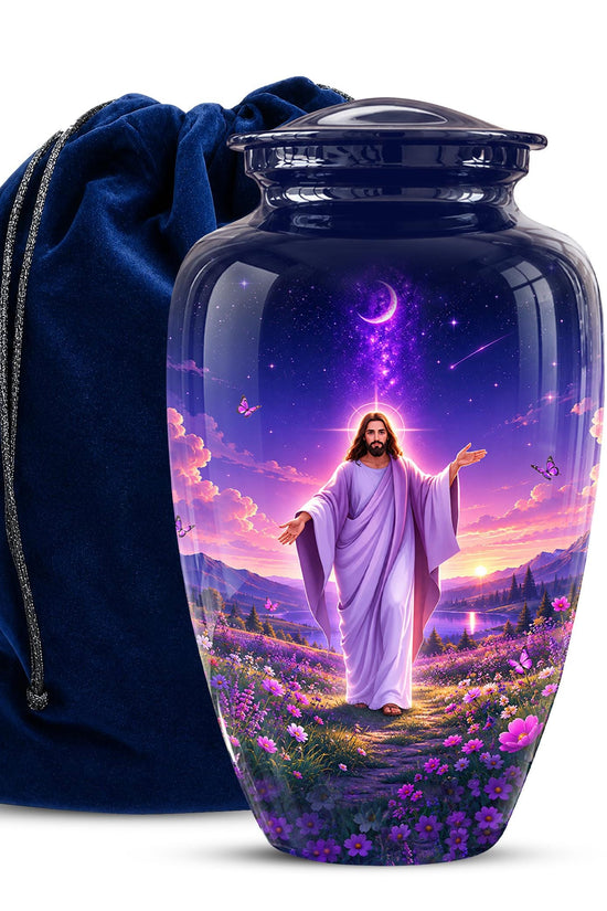 Personalized Jesus Cremation Urn for Ashes, Jesus Christ Purple Floral Memorial Urn, Christian Sunset Tribute, Heavenly Religious Urn (200 Cubic)