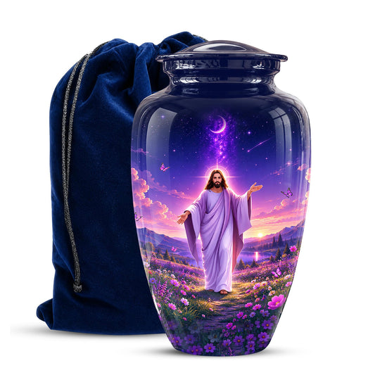 Personalized Jesus Cremation Urn for Ashes, Jesus Christ Purple Floral Memorial Urn, Christian Sunset Tribute, Heavenly Religious Urn (200 Cubic)
