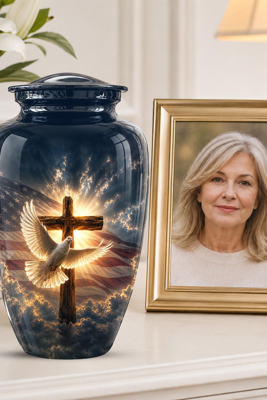 Personalized Christian Cremation Urn, American Flag Cross Memorial Keepsake